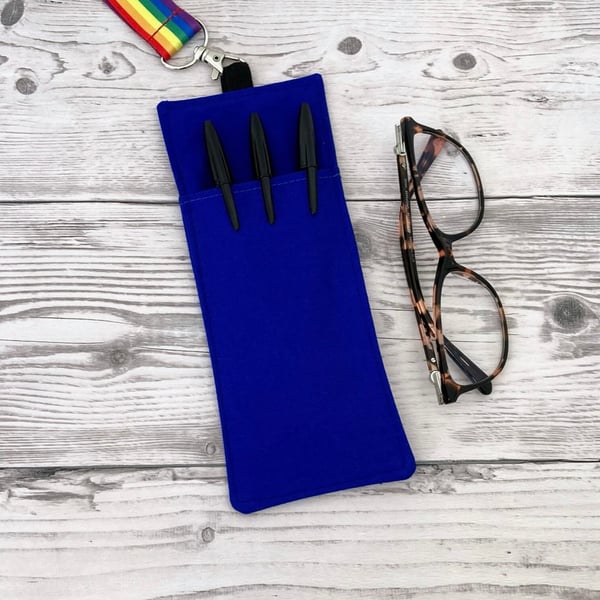 Blue Double Sided Glasses and Pen Holder for Lanyards. Cotton Fabric.