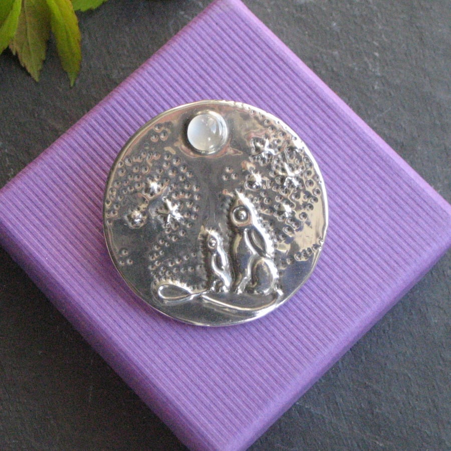Moongazing Hares Brooch with Moonstone