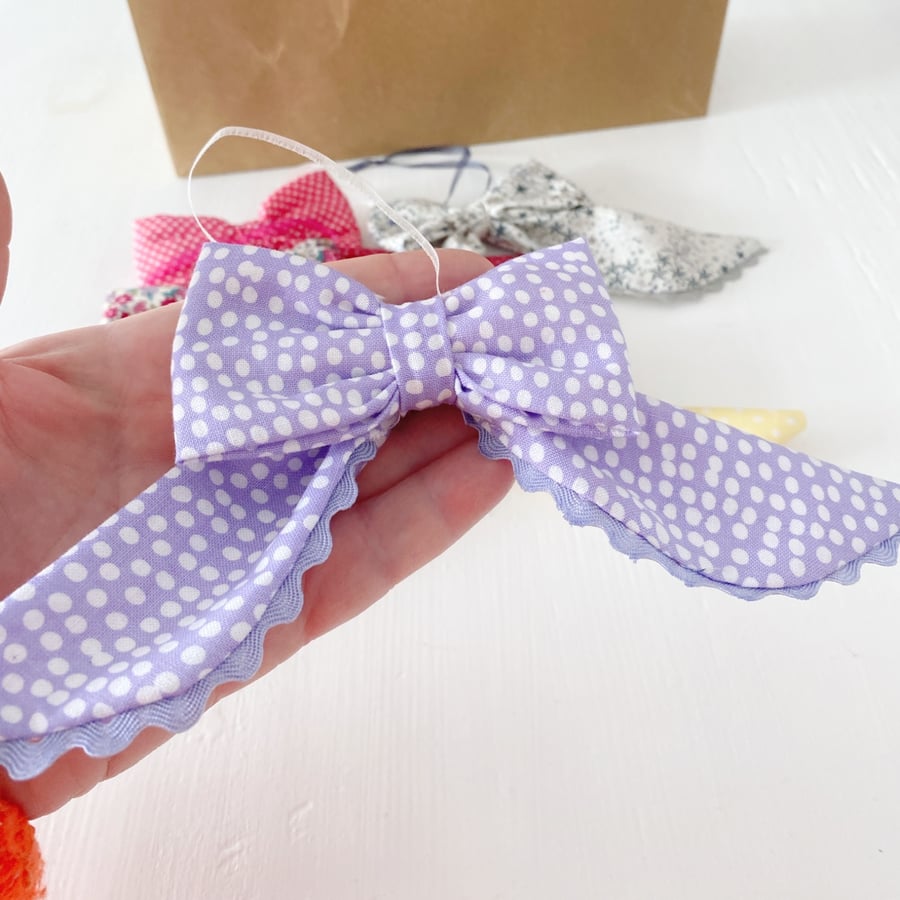 Handmade Lilac & White Polka Dot Fabric Bow with Ric Rac Trim 
