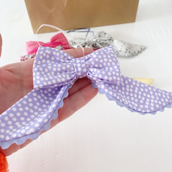 Handmade Lilac & White Polka Dot Fabric Bow with Ric Rac Trim 