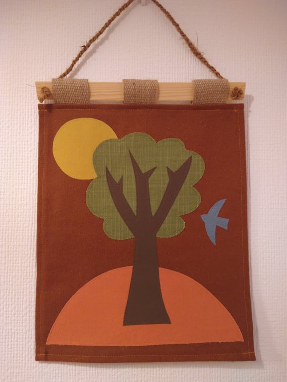Applique Wall Hanging Made from Reclaimed Fabric Art Handmade Green Tree 