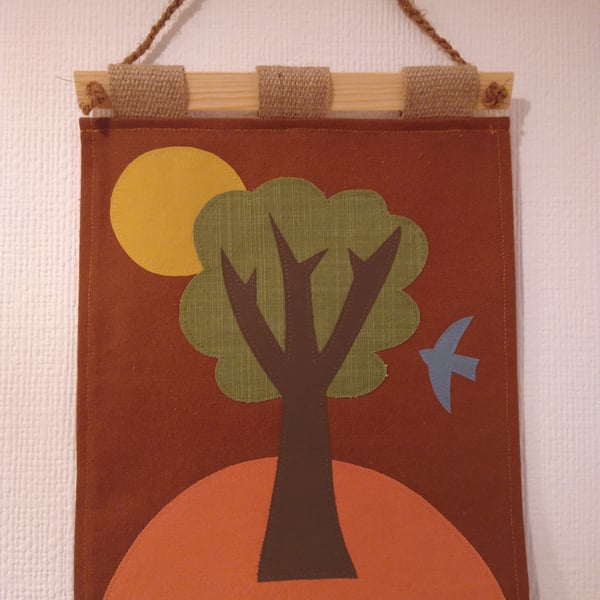 Applique Wall Hanging Made from Reclaimed Fabric Art Handmade Green Tree 