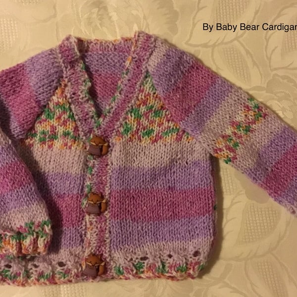 New hand knitted Baby girls cardigan in a lilac mix yarn 3-6 Months 20” Chest 