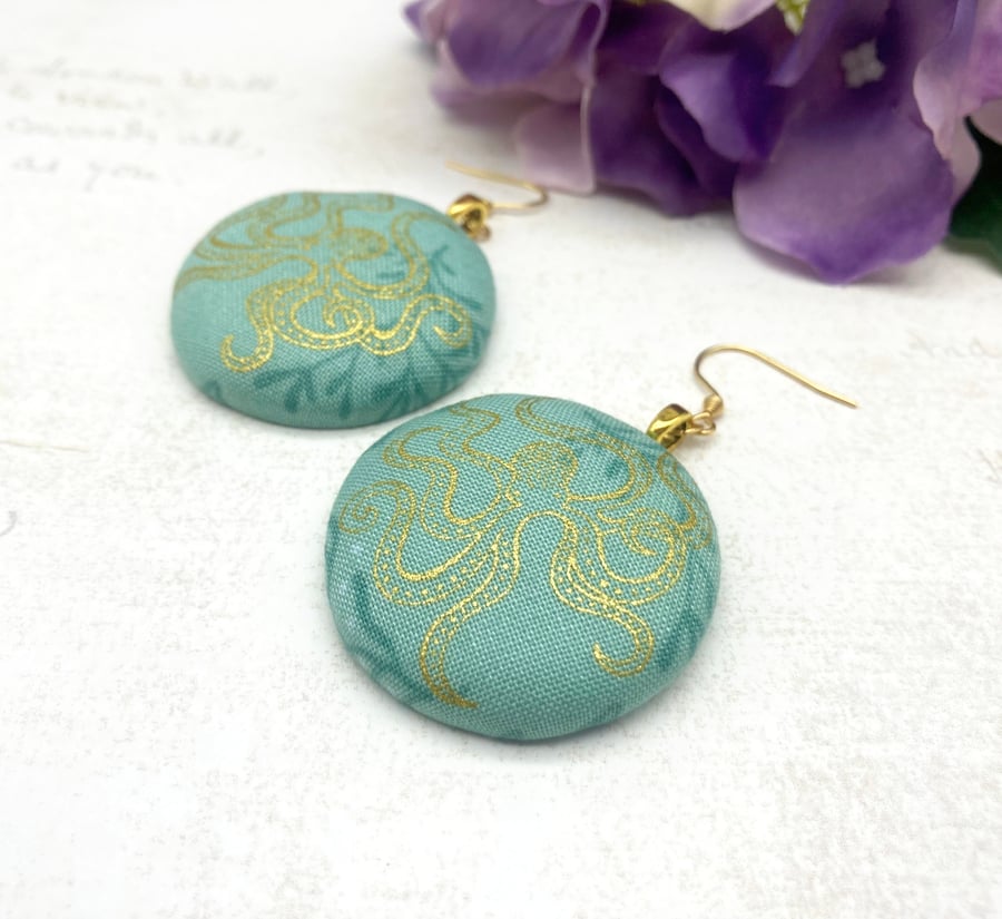 Octopus statement in gold metallic and teal fabric button earrings summer gift