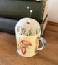 Vintage Susie Cooper coffee cup pincushion with embroidered linen - Image 2