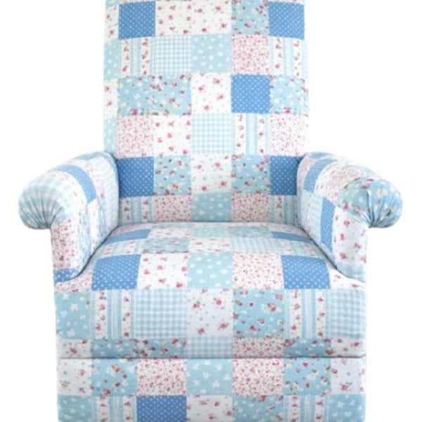 Girls Blue White Patchwork Chair Armchair Seat Kids Children's Bedroom Nursery