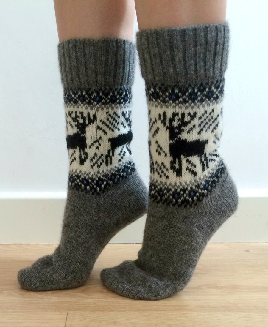 READY TO SHIP Wool Socks Grey Reindeer Buck Deer Grey White Christmas Norwegian