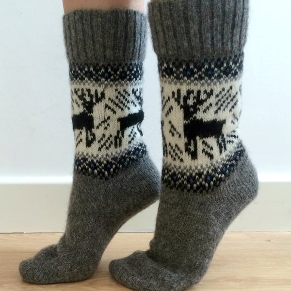 READY TO SHIP Wool Socks Grey Reindeer Buck Deer Grey White Christmas Norwegian