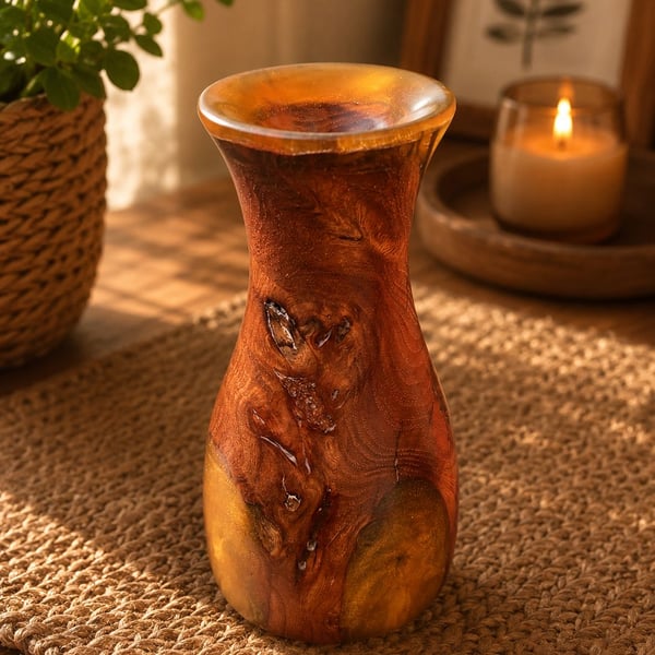 Handturned Elm Burl Budvase with Golden Resin infill. 