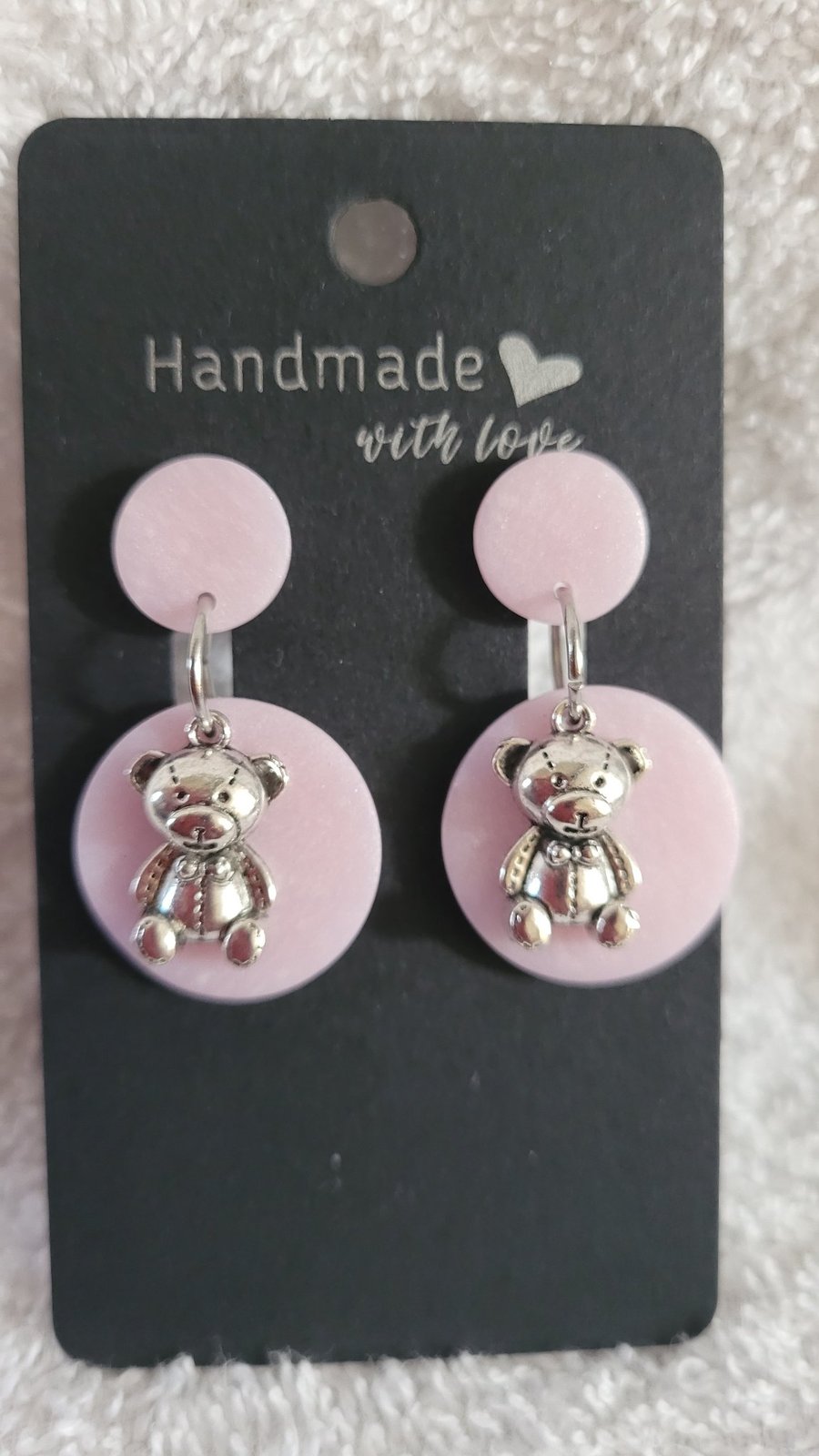 Handmade Polymer Clay Pink and Teddy Bear Earrings, 316 Stainless Steel