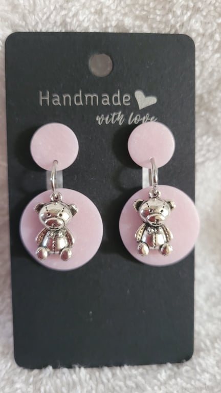 Handmade Polymer Clay Pink and Teddy Bear Earrings, 316 Stainless Steel