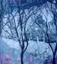 The Cold Moon, mounted original mixed media painting
