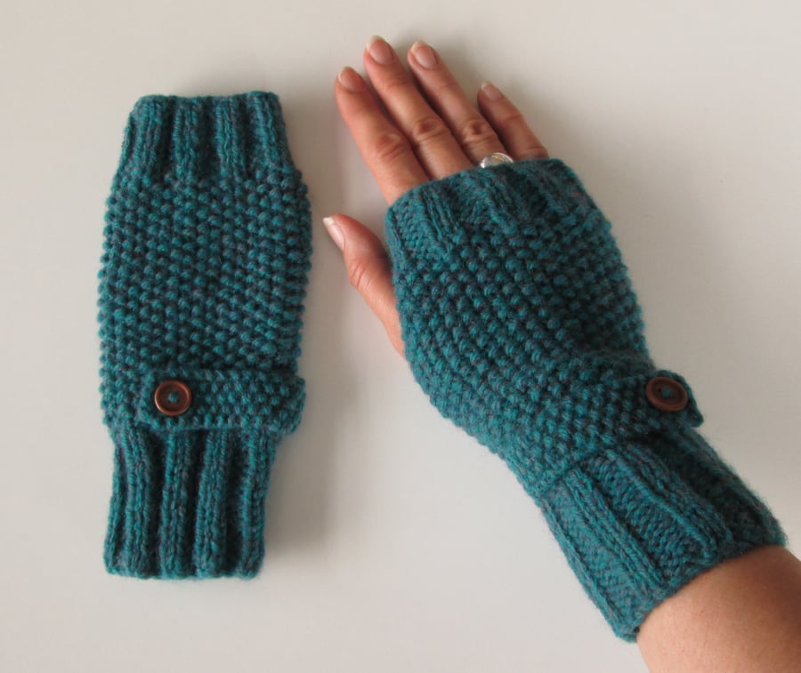 Fingerless Gloves in Deep Teal Green Aran Wool 