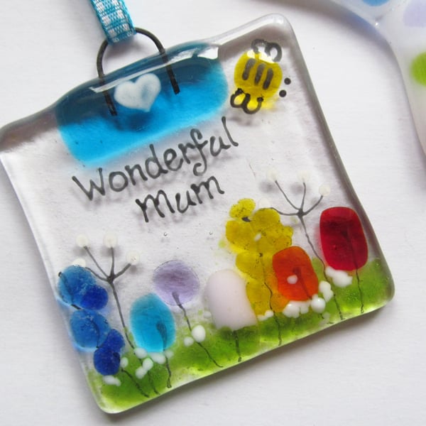 Wonderful Mum MINI Rainbow Fused Glass Suncatcher