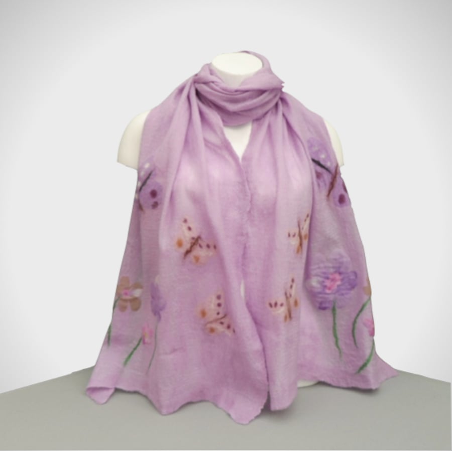 Long lilac nuno felted scarf with flowers and butterflies - SALE