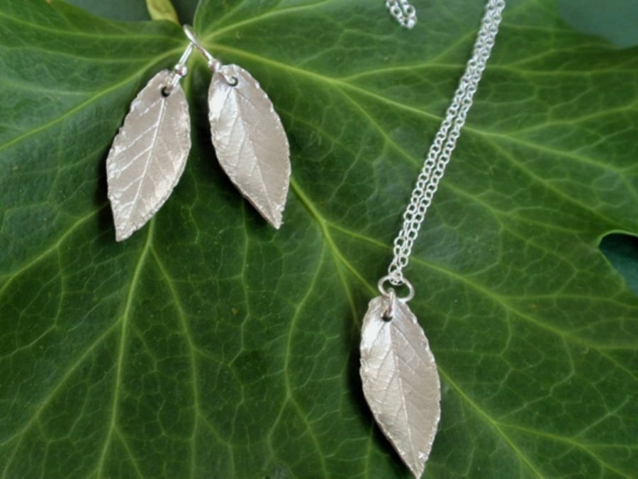 Sterling silver leaf jewellery set, necklace and earrings, christmas gift