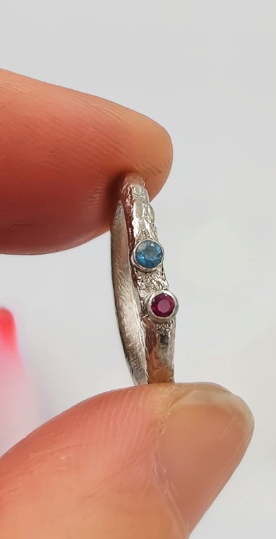 Hand Forged Molten Sterling Silver Ring – Apatite & Ruby