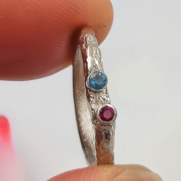 Hand Forged Molten Sterling Silver Ring – Apatite & Ruby
