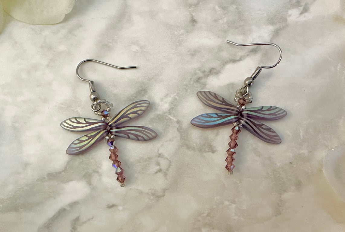 Dragonfly Earrings - Matt Amethyst 
