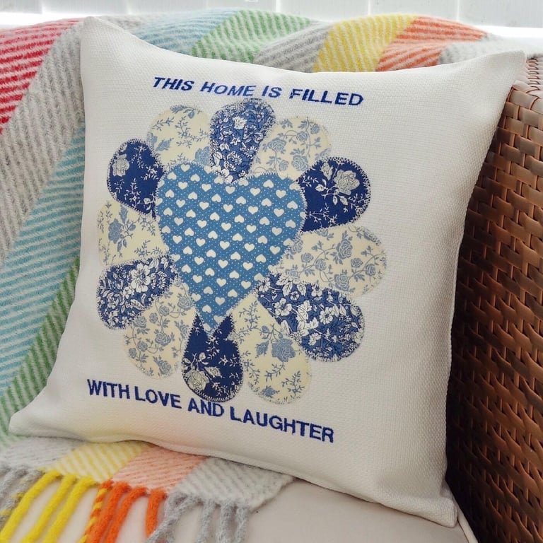 Blue Dresden: Appliqué & Embroidered Cushion 33cm (13”)