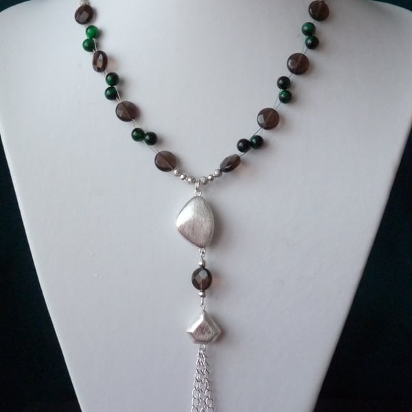 Smokey Quartz & Emerald Tiger's Eye Necklace - Genuine Gemstone - Handmade