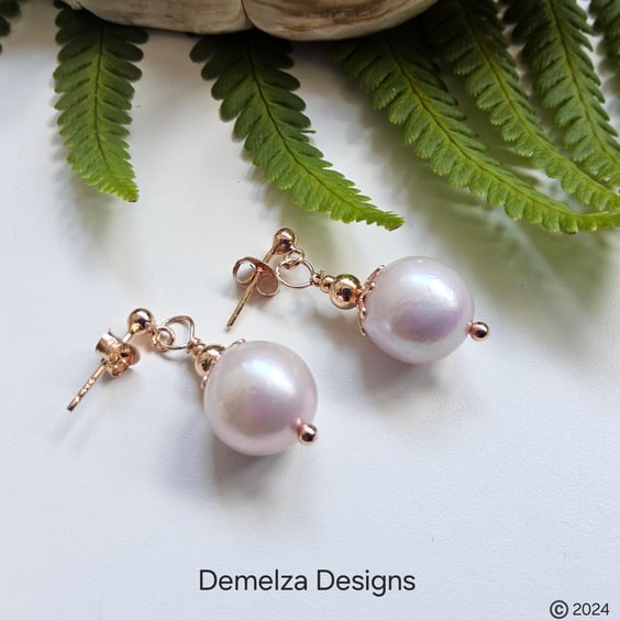Designer 12mm Edison Freshwater Culture Pearl Rose Gold Vermeil Stud Earrings
