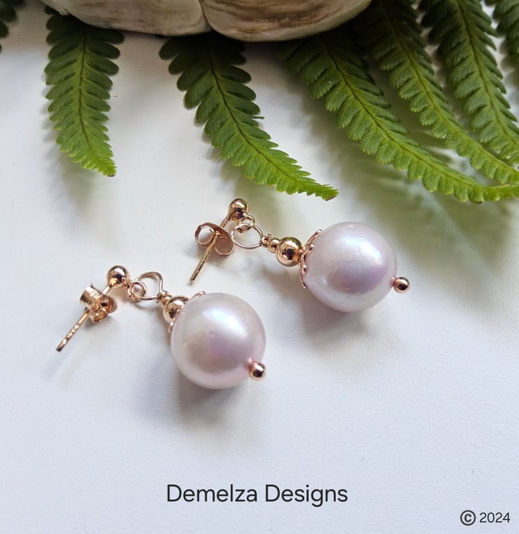 Designer 12mm Freshwater Culture Pearl Rose Gold Vermeil Stud Earrings Top Grade