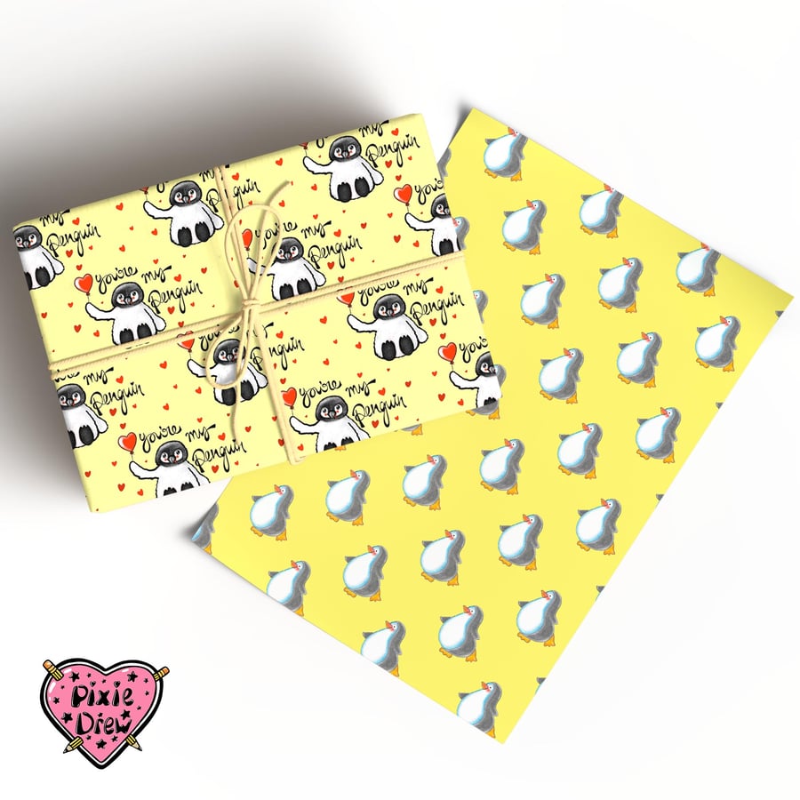Penguin wrapping paper with a little penguin chick