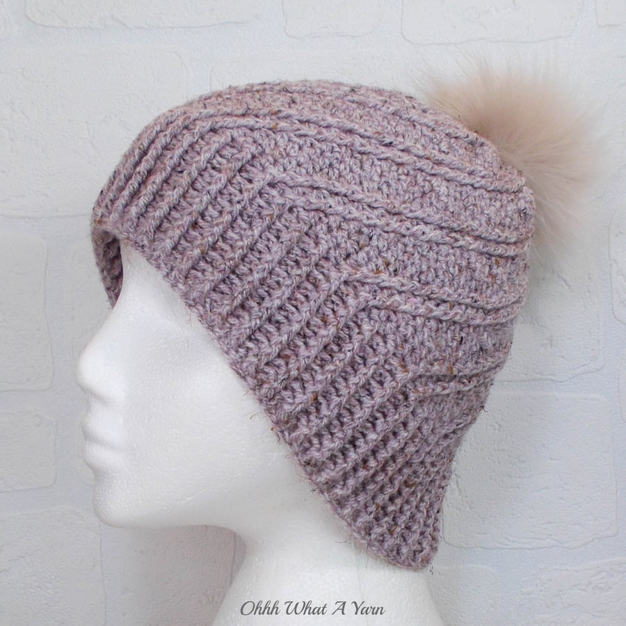 Crochet hat, beanie. Oatmeal, brown marl ladies swirl pom pom hat. Ladies hat.
