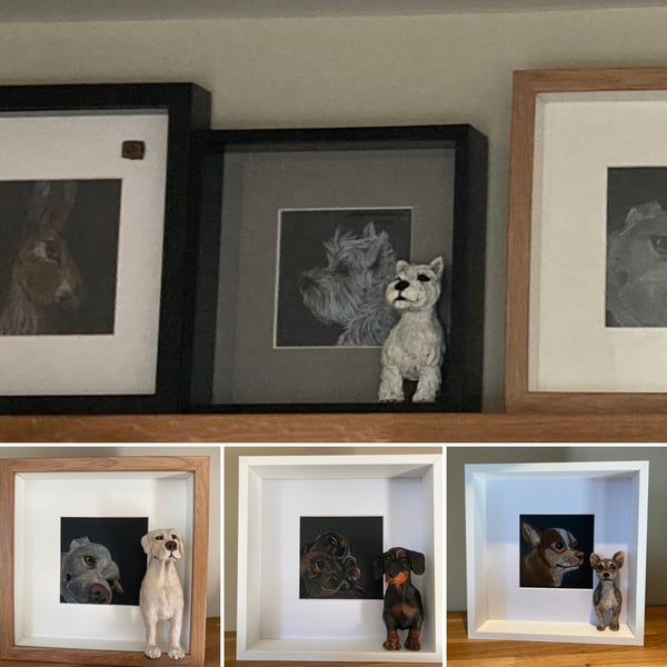 Animal ceramic sculpture and pastel sketch - Framed Miniature 