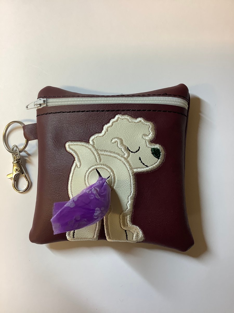 Adorable Burgundy Cockapoo Embroidered faux leather dog poo bag ,dog walking,