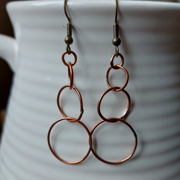 Copper three-ring dangle earrings