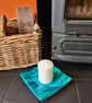 Peacock blue and white streaky fused glass candle holder - Folksy