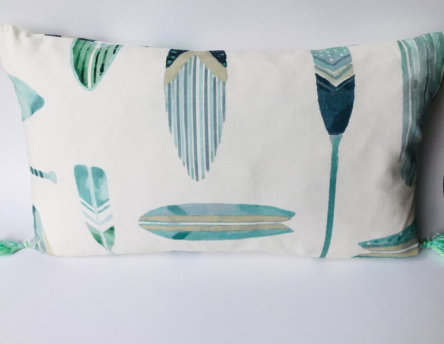 NOW REDUCED  Feather Cushion in Surf Inspired Fabric. 