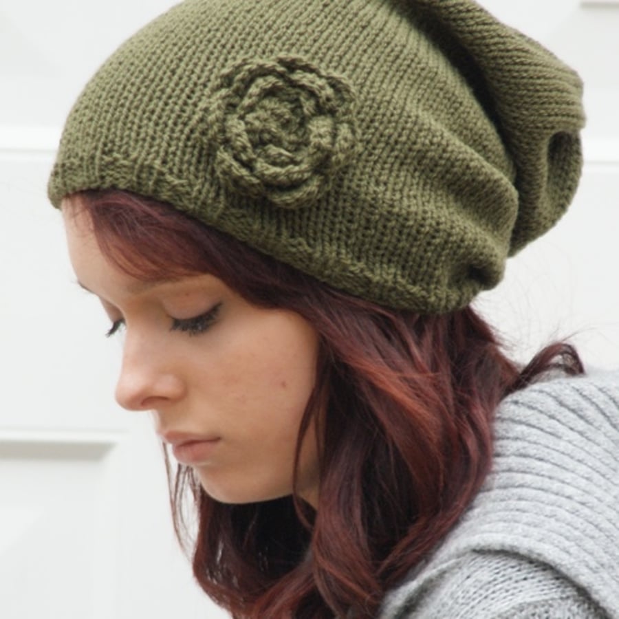 Bella Knitted Khaki Slouchie Beanie Hat with Flower