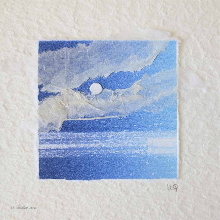 Moon over the ocean mixed media collage OOAK coastal art miniature