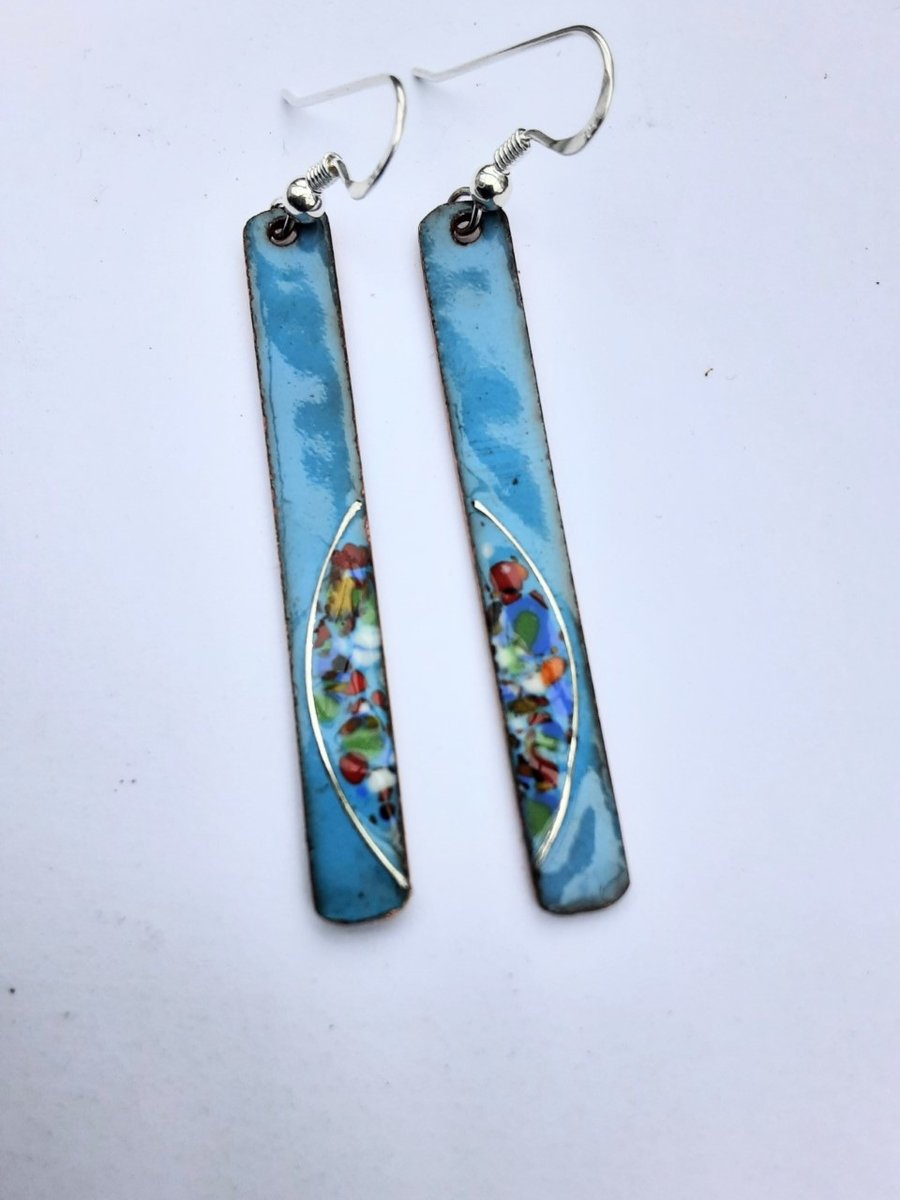LONG SLIM ENAMELLED EARRINGS WITH STERLING SILVER WIREWORK -TURQUOISE BLUE