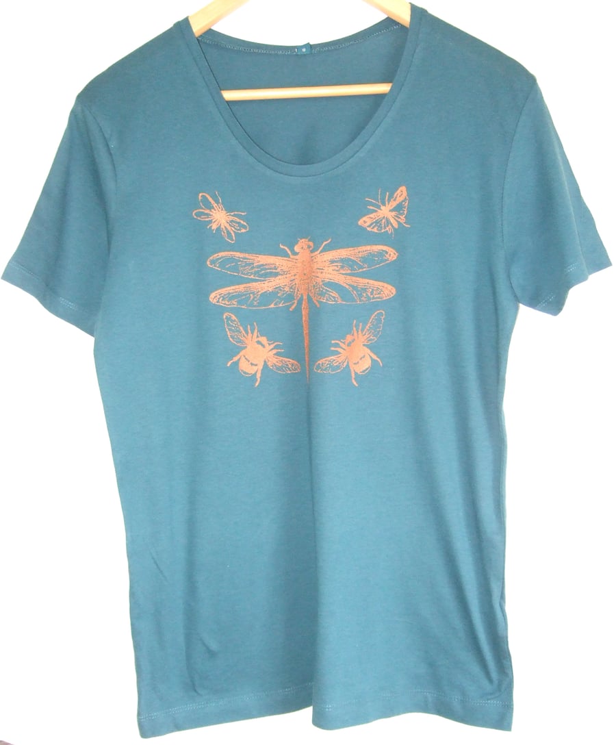 SALE Dragonfly insects teal T shirt copper print scoop neck short sleeve  