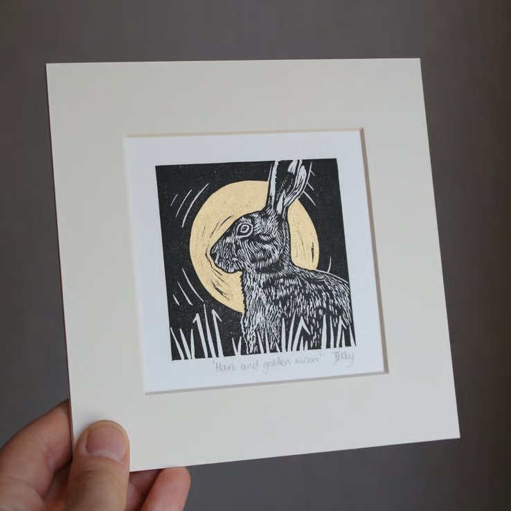 Hare and golden moon - original, hand painted, mounted linocut print