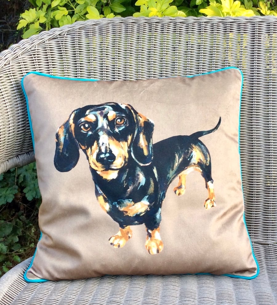 Sausage dog cushion in velvet and tweed. Dachshund pillow. FREE UK Postage.