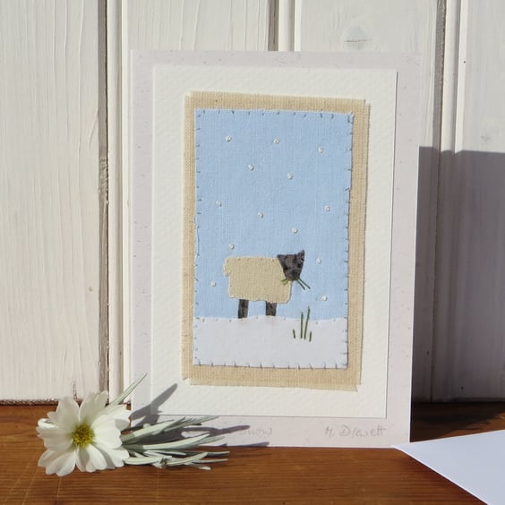 Sheep in Snow hand-stitched textile - perfect for Christmas or winter birthday