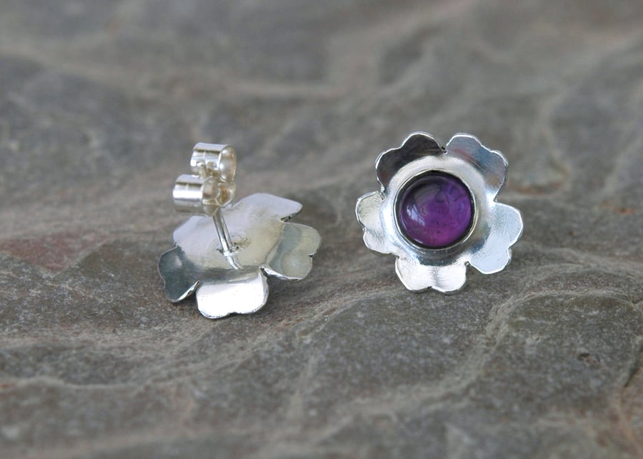 Sterling Silver Flower Stud Earrings with Amethyst, February Birthstone.