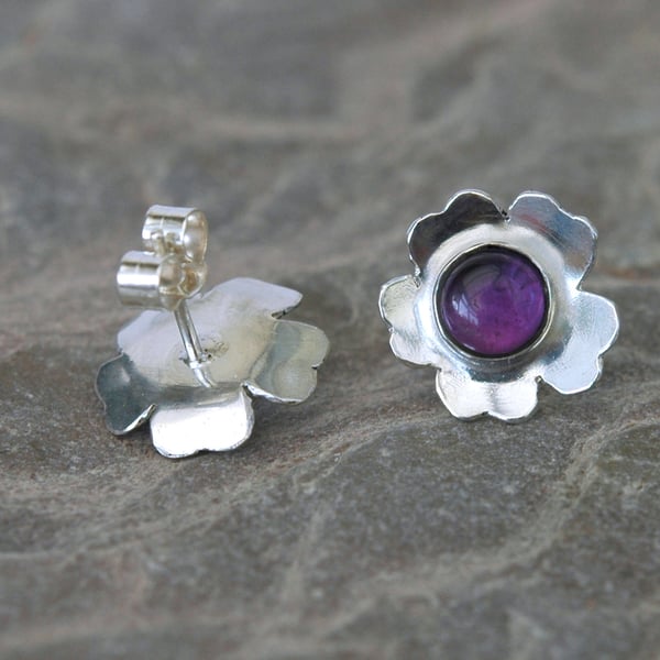 Sterling Silver Flower Stud Earrings with Amethyst, February Birthstone.