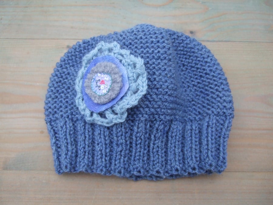 Blue Hat - Hand Knitted in Aran - Hat with Flower