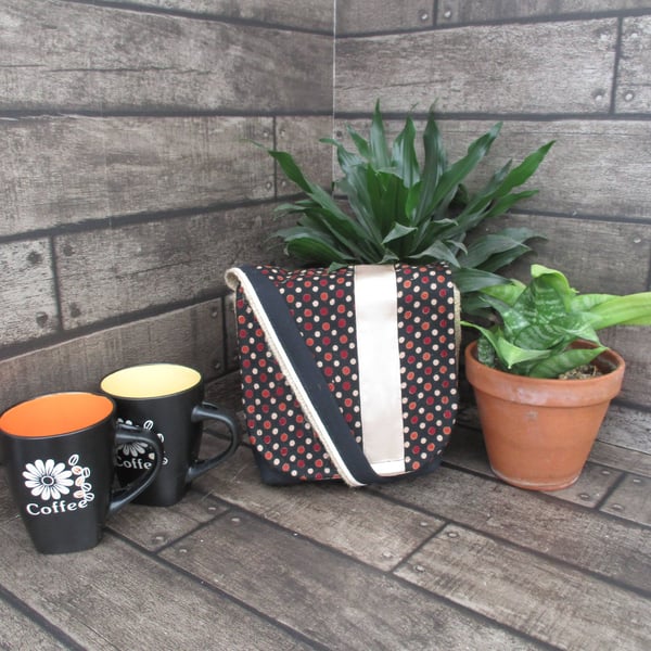 Upcycled Coffee Sack - Mini Shoulder Bag - Brown spotty fabric