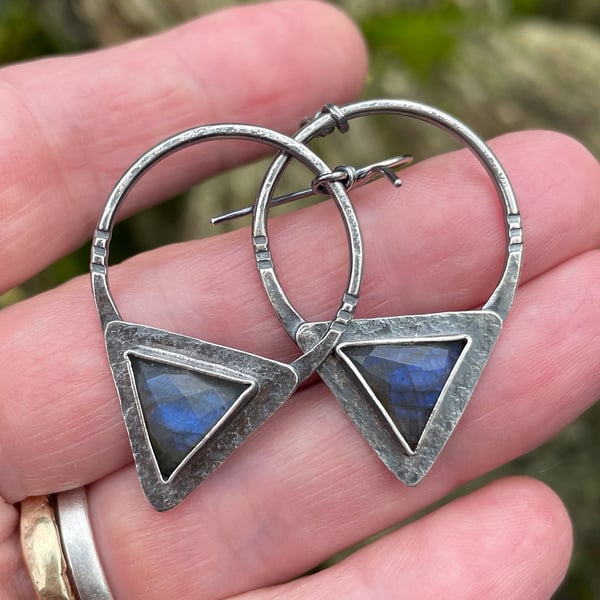 Oxidised silver and labradorite tribal triangle earrings