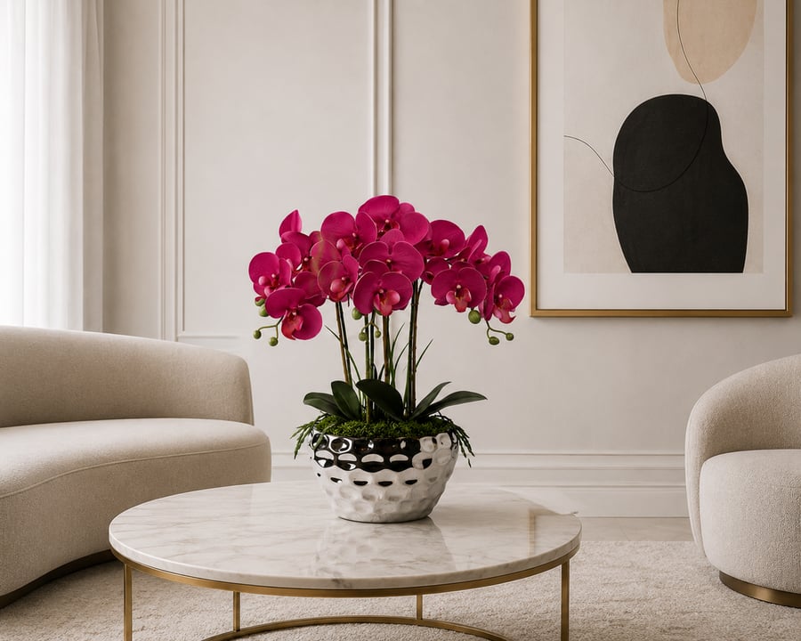 Luxury Fuchsia Orchid Arrangement in Silver Vase - Elegant Modern Home Decor