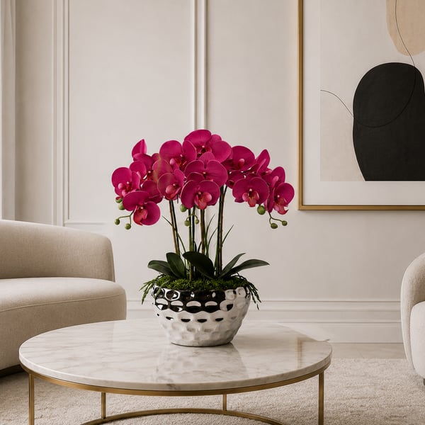 Luxury Fuchsia Orchid Arrangement in Silver Vase - Elegant Modern Home Decor