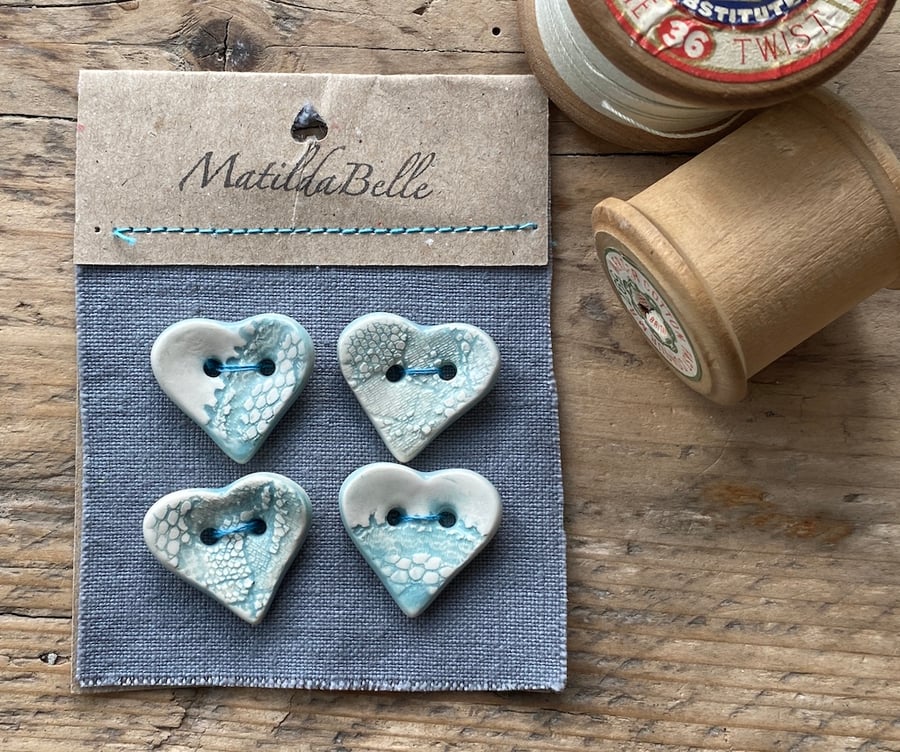 Pottery Buttons Handmade Heart shaped Lace pattern set of four 