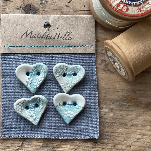 Pottery Buttons Handmade Heart shaped Lace pattern set of four 